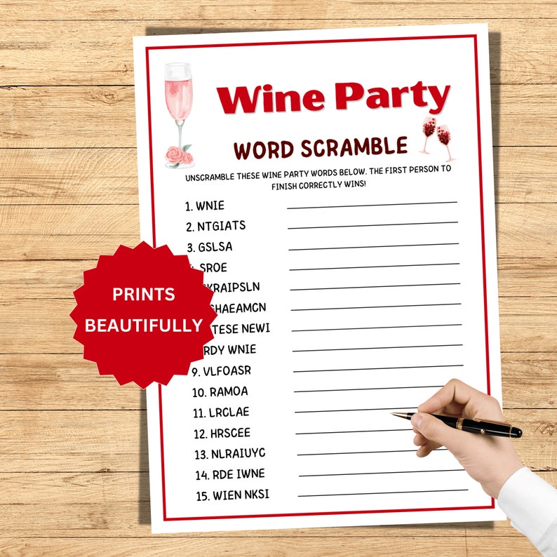 Wine Party Games, Wine Party Word Scramble, Wine Tasting Party Games ...