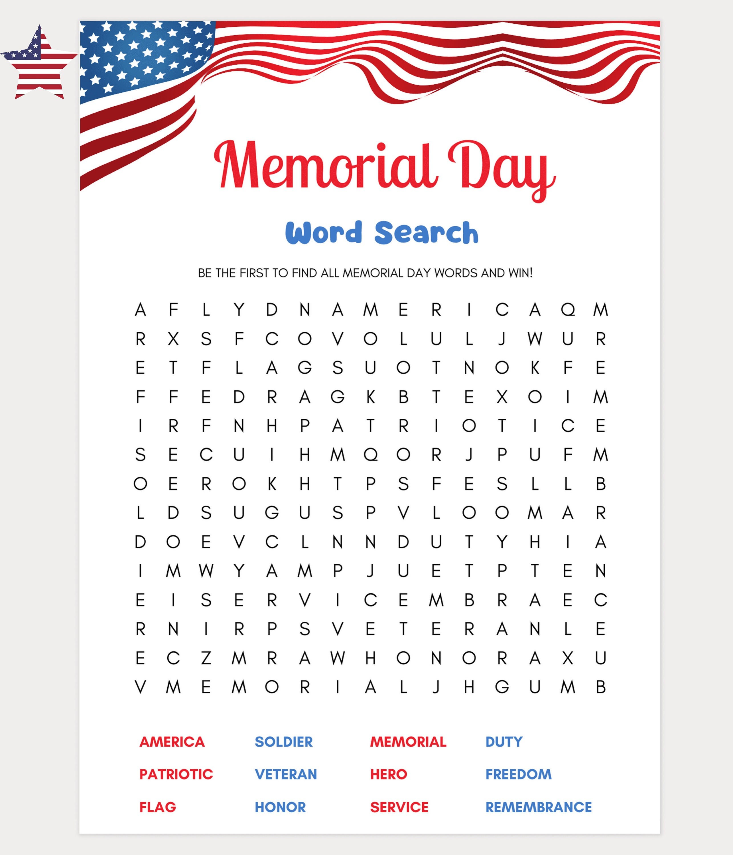 Memorial Day Word Search Memorial Day Printable Memorial Day - Etsy