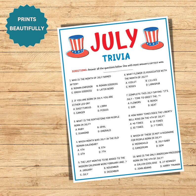 July Games, July Trivia, July Party Games, July Games for Kids, July ...