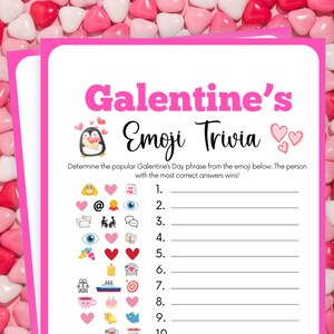May include: Pink and white printable Galentine's Day emoji trivia game with a penguin illustration. The game asks players to determine the popular Galentine's Day phrase from the emoji below. The person with the most correct answers wins!