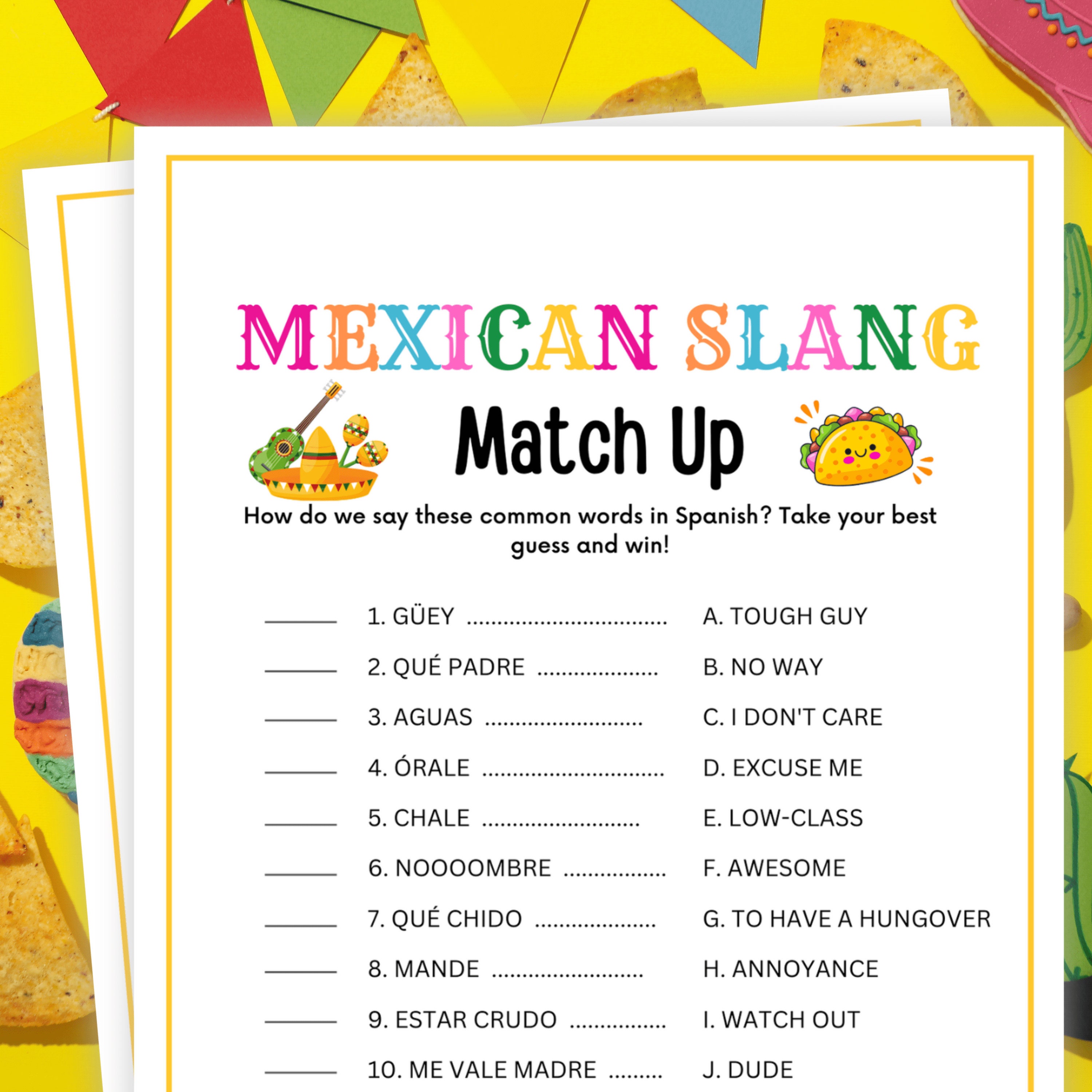 Mexican Slang, Trivia Match Up, Taco Games, Taco Tuesday Games, Fiesta Games, Cinco De Mayo Games, Mexican Party Games, Mexican Slang Trivia