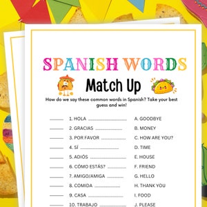 Puede incluir: Un juego de aprendizaje del idioma español imprimible con un diseño colorido. El juego presenta una lista de palabras comunes en inglés y sus traducciones al español. El juego está diseñado para ayudar a las personas a aprender vocabulario español.