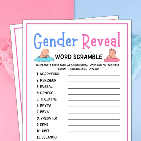 Gender Reveal Games, Gender Reveal Word Scramble, Gender Reveal Party Games, Boy or Girl Games, Blue Pink Gender Reveal Games