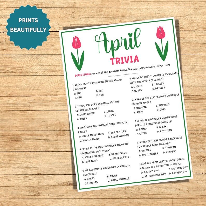 April Trivia Game, April Trivia for Kids and Adults, Printable April ...