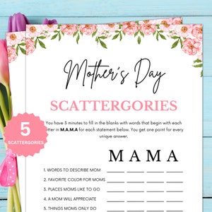 Mothers Day Games, Scattergories, Mothers Day Party Games for Kids, Adults, Brunch, Church and Family Games Night, Printable Trivia