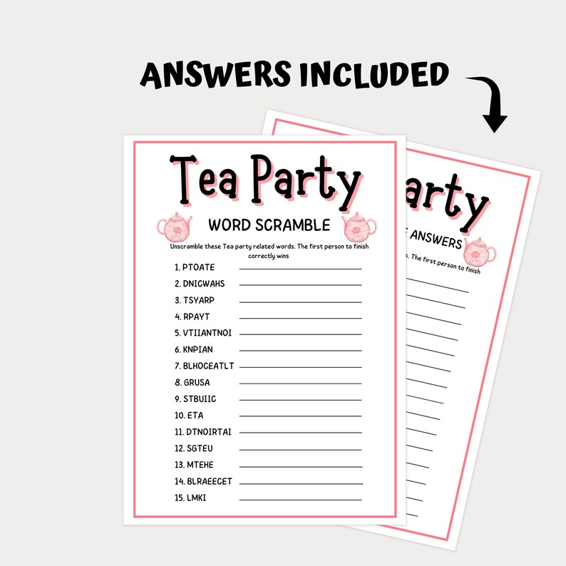 Tea Party Word Scramble Printable Tea Party Games Ladies Tea Party ...