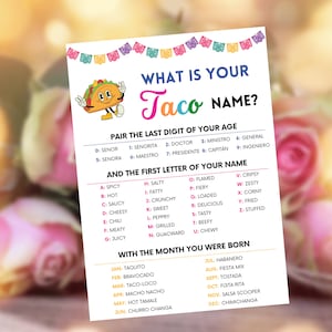 Fiesta Party Games, What is Your Taco Name, Fiesta Party Games for Birthday, Baby Shower, Bridal, Office, Team Building, Seniors and Family