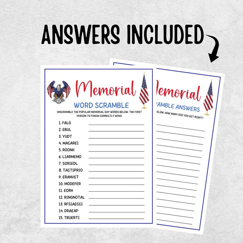 Memorial Day Games, Word Scramble, Memorial Day Party Games for Kids ...