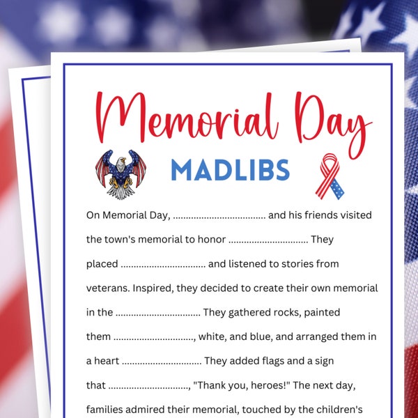 Memorial Day Games, Madlibs, Bedtime Story for Kids, Memorial Day Party Games for Kids, Seniors, Veterans, Family Game Night, Mad Libs Story