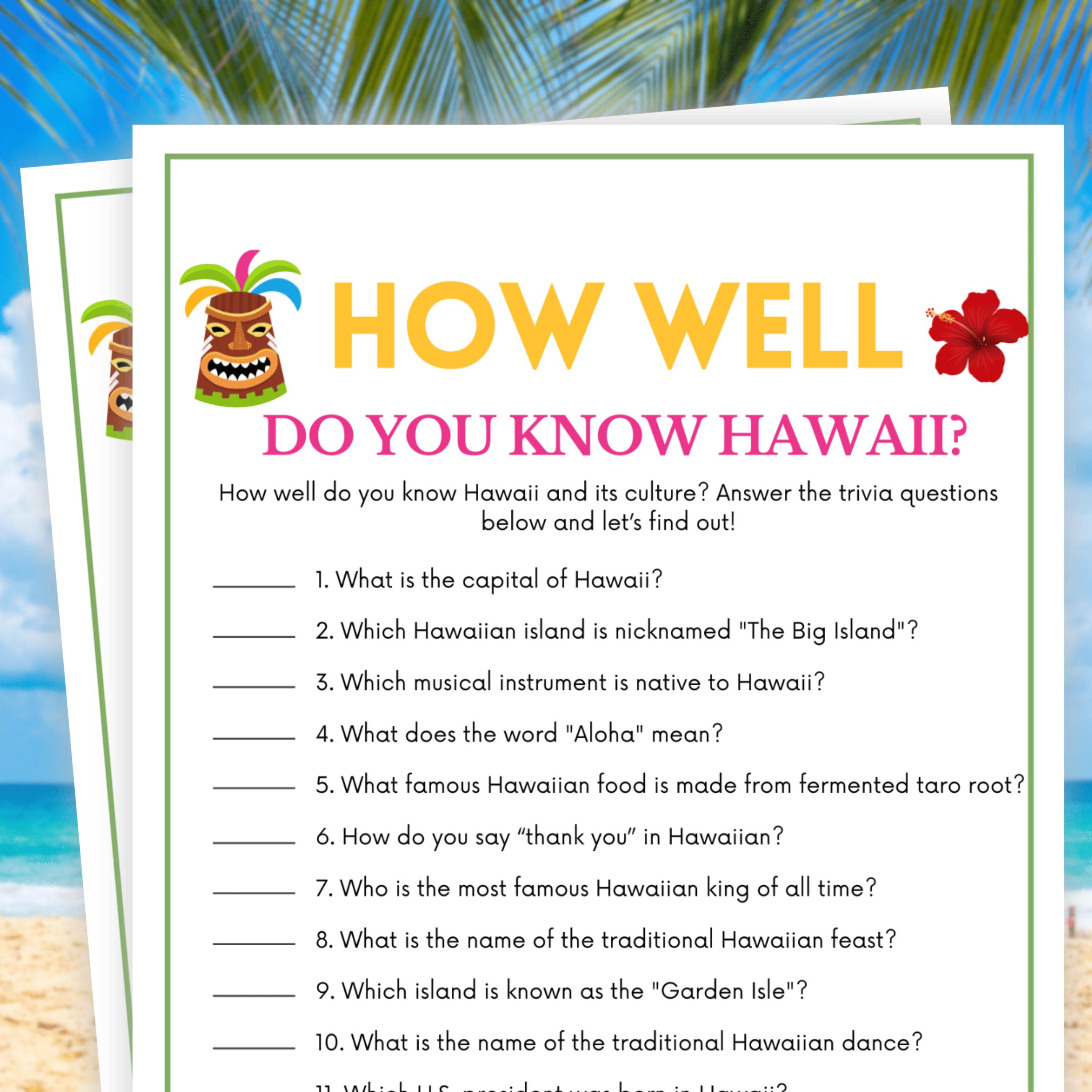 Hawaii Trivia, How Well Do You Know Hawaii, Luau Party Games, Aloha Party Games, Tropical Party Game, Hawaiian Party Game, Tiki Party Games