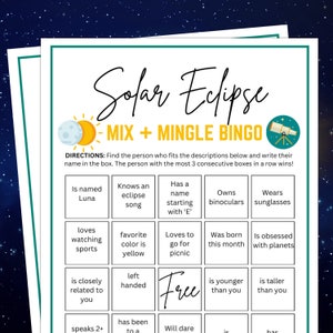 Eclipse Games, Mix and Mingle BINGO, Solar Eclipse Games, Find Someone Who, Birthday Games, Classroom Games, Games for Kids, Teen Birthday