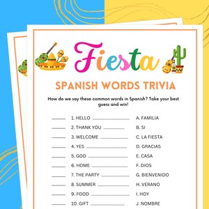 Fiesta Party Games, Spanish Words Trivia, Fiesta Party Trivia, for Birthday, Baby Shower, Bridal, Wedding, Office, Team Building, and Family
