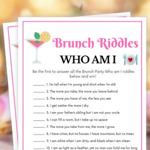 Brunch Rätsel, Wer bin ich? Rätsel, Brunch Spiele, Brunch Party Spiele, Brautparty Brunch, Frauen Dienste, Geburtstagsbrunch