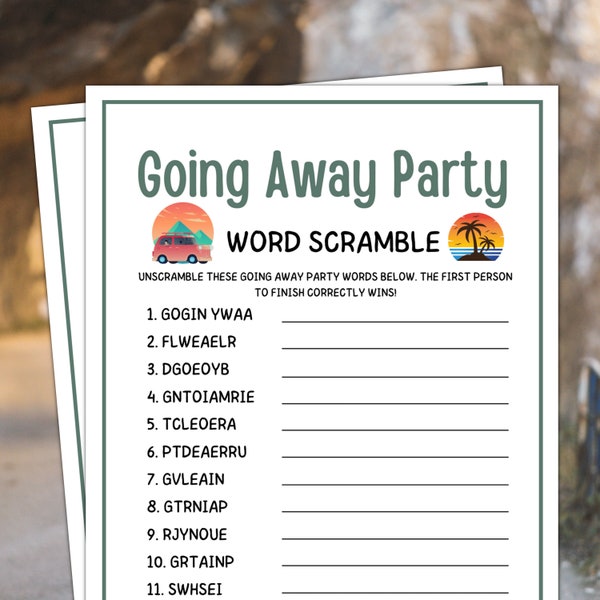 Going Away Party Games, Going Away Word Scramble, Going Away Games, Printable Word Scramble, Farewell Celebration, Moving Away Party Games