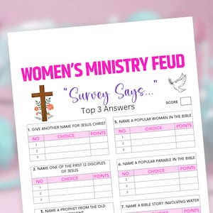 Womens Ministry Games, Friendly Feud, Womens Retreat Game, Bible Study Games, Womens Guild Games, Womens Ministry Tea Party, Bible Games