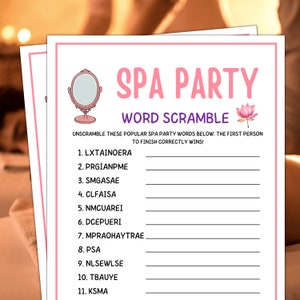 Spa Party Games, Spa Party Word Scramble, Spa Birthday Party Games, Girls Pamper Party, Girls Spa Party, Ladies Spa Party Games