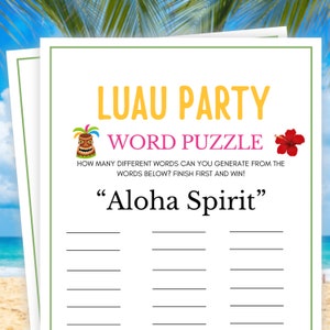 Luau Party Games, Word Puzzle, Luau Games, Aloha Party Games, Hawaiian Party Games, Tropical Party Games, Tiki Party Games, Luau Birthday