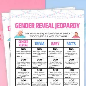 Puede incluir: Un juego de Jeopardy de revelación de género rosa y azul. El juego incluye categorías como Revelación de género, Trivia, Bebé y Hechos, con valores de puntos de 100 a 400. El juego está diseñado para responder preguntas en cada categoría.