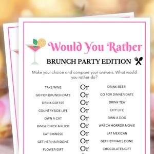 Brunch Party Games, Would You Rather, Brunch Games, Birthday Brunch Games, Womens Ministry Games, Team Building Games, Office Games