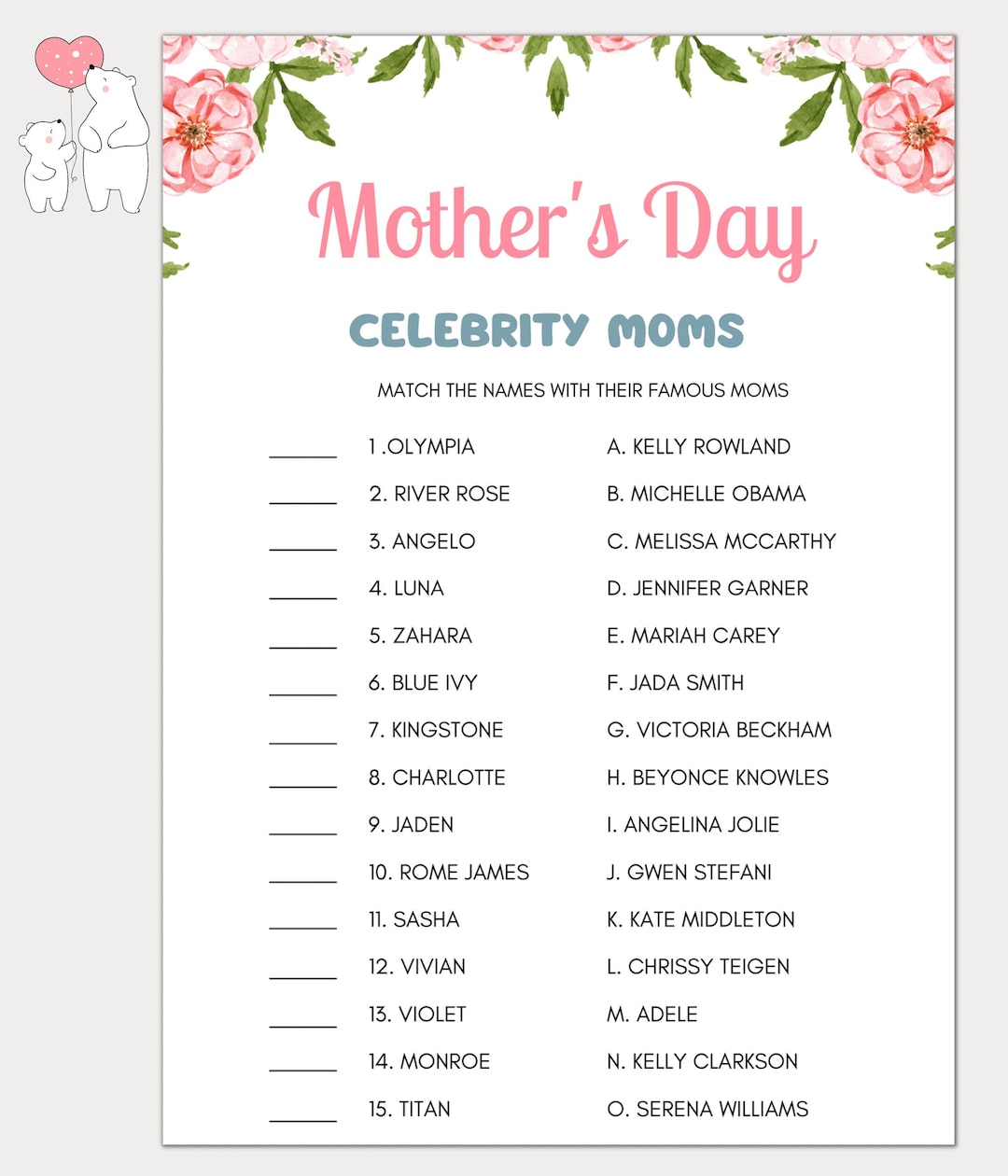 Mother's Day Game, Celebrity Moms Game, Printable Mother's Day Game