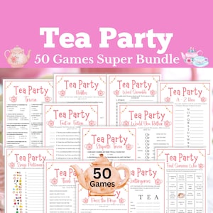 May include: A collection of 50 printable tea party games for a fun and festive gathering. The games include trivia, riddles, word scrambles, would you rather, etiquette trivia, find someone who, and more. The games are designed with a pink and white color scheme and feature illustrations of teapots and teacups.