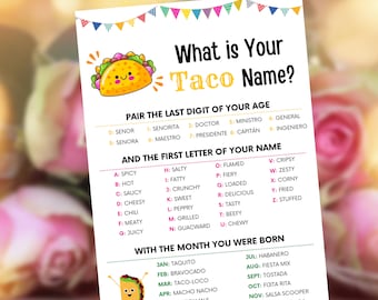 Taco Party Games, What is Your Taco Name?, Taco Games, Taco Tuesday Games, Fiesta Games, Cinco De Mayo, Mexican Party Games, Taco Birthday