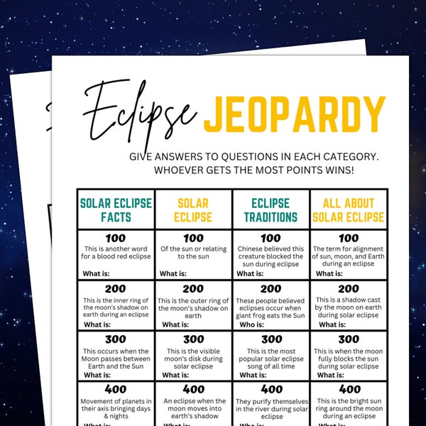 Solar Eclipse Trivia, Eclipse Jeopardy, Solar Eclipse Party Games for Kids, Seniors, Adults and Family, Eclipse Activity