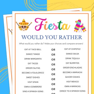 Fiesta Party Games, Would You Rather, Fiesta Games, Fiesta Birthday Games, Mexican Party Games, Fiesta Games for Kids, Taco Party Games