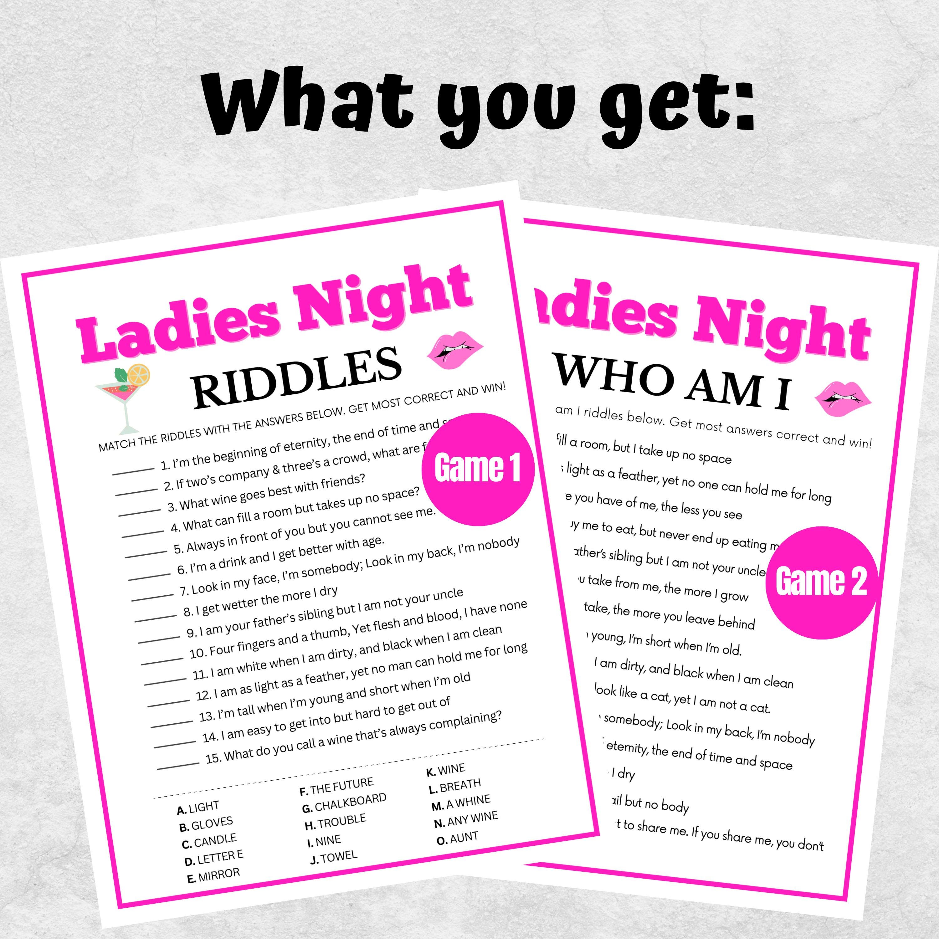 Goodnight Riddle Ladies Night Riddles, Ladies Night Who Am I Riddles, Riddles Party ...