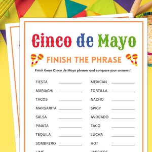 Cinco De Mayo Games, Finish the Phrase, Cinco De Mayo Party Games, Mexican Party Games, Fiest Games, Taco Party Games, Cinco De Mayo Trivia