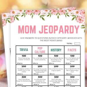 Mom Jeopardy, Mothers Day Trivia, Jeopardy, Moederdagfeestspellen voor senioren, spelletjesavond voor kinderen en familie, Mothers Day Jeopardy, Trivia