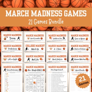 May include: A set of 21 printable March Madness games for a basketball tournament party. The games include trivia, word scramble, predictions, left or right, emoji pictionary, college mascot match up, riddle me this, A-Z race, ever or never, fact or fiction, mad libs, most likely to, winner matchup, mix and mingle bingo, put a finger down if, and word puzzle. The games are designed to be played during the NCAA tournament.