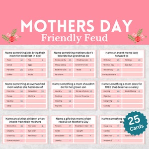 Moederdagspelletjes, vriendschappelijke vete, 25 vriendschappelijke ruzieKAARTEN, Moederdagfeestspelletjes voor kinderen, moederbrunch, kerk, vrouwenbediening en gezin