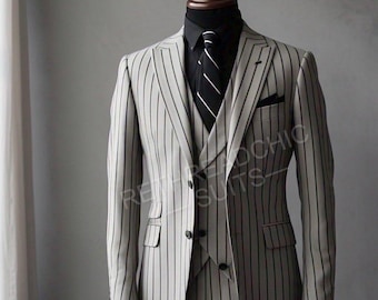 Men’s Luxury White Pinstripe 3 Piece Suit - Wedding Formal Wear - Business Suit For Men