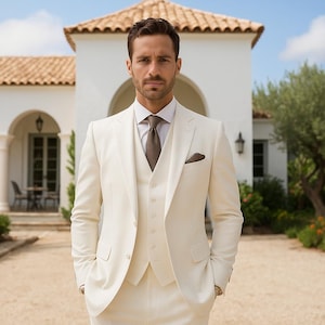 Men&#39;s White 3 Piece Suit | Groom Wedding Suit | Formal Ivory Tuxedo | Elegant Slim Fit Suit for Men | Prom, Reception, Engagement Outfit