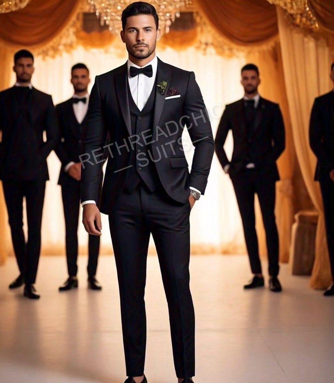Mens 3-Piece Slim-Fit Shiny All Satin Suit Black main image 1