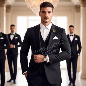 Black Three Piece Suit: Slim Fit Terry Rayon, Groom & Groomsmen Wedding Suit