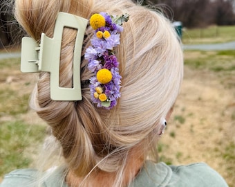 Dried Flower Hair Comb: Purple Yellow Botanical Wedding Updo