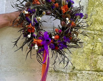 Handmade Dried Flower Wreath: Fall Halloween Purple and orange Florals