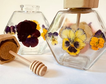 Pressed Pansy Honey Pot with Wooden Dipper Honey Container Storage Home Décor Kitchen