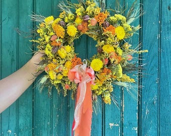 Handmade Dried Flower Wreath: Autumn Harvest Colors, Farmhouse Boho Decor