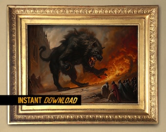 Dark Fantasy Beast Attack Artwork - Medieval Apocalypse Illustration, Hellish Creature - Instant Download