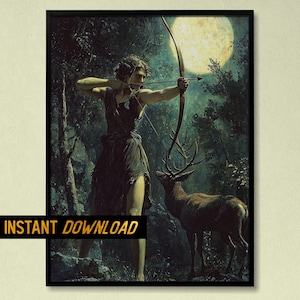 Artemis Goddess of the Hunt – Moonlit Greek Goddess Wall Art - Greek Goddess Artemis Huntress for Mythology Enthusiasts - Digital Download