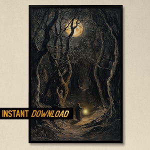 Grimm Fairytales inspired Moonlit Forest Scene - Dark haunted Forest Under full moon painting Art for Gothic Decor - Digital download