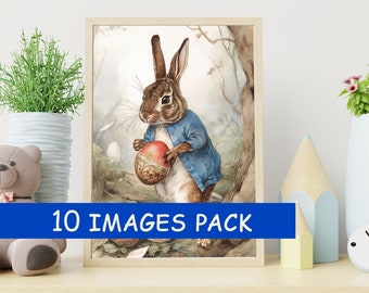 Art mural pour enfants - Illustrations amusantes de lapin de Pâques - Décoration murale pour chambre d'enfant - Pack de 10 images HQ