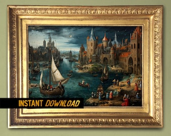 Nautical theme decor - Medieval Town at Dusk - Romantic painting (digital) Harbor Scene from middle ages - Instant download