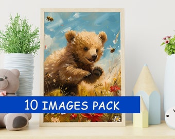 Bear Art Collection - Playful Bear Family in Nature -  Animal Wildlife Art for kids - 10 HQ image pack - Instant download