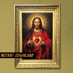 Most Sacred Heart of Jesus portrait - Flaming sacred heart image for catholics - Printable Jesus Christ Sacred Heart - Instant Download