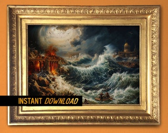 Nautical theme decor - Dramatic Sea Storm Tsunami Art - Antique City Destruction Scene, Maritime History - Instant download