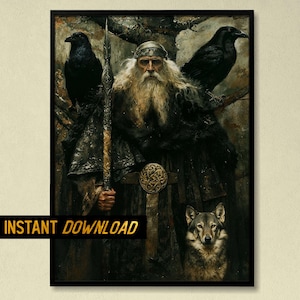 Viking God Odin – Norse Mythology Allfather Portrait, Odin with Ravens and Wolf, Mystical Norse Deity Art for Wall Decor - Digital Download